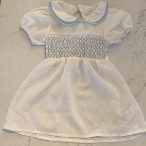 Peter Pan collar white and blue trim toddler smocked dress